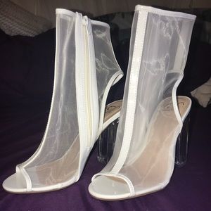 White sheer open toed booties